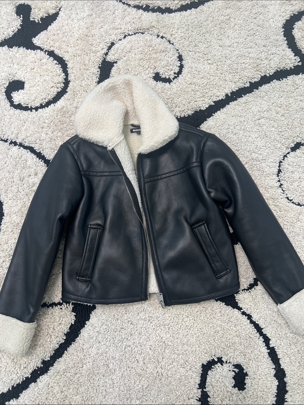 2 coats Kids Faux Leather Sherpa Jacket - Black with Cream Lining